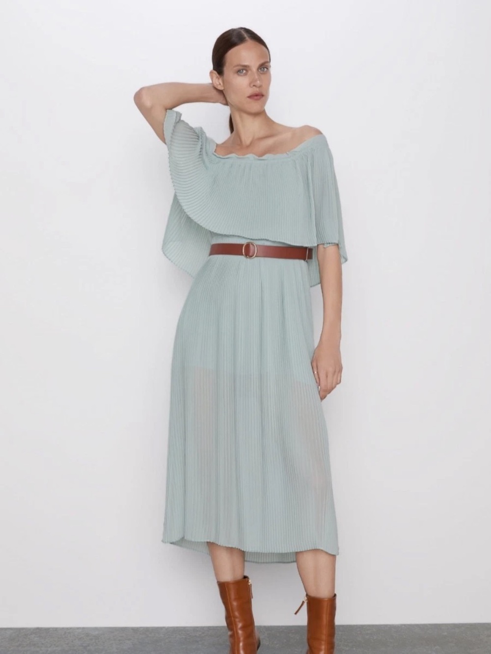 Zara Pleated Off-Shoulder Midi Dress in Sage Green